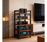 Mobile HiFi, mobile multimediale AV con rotelle, ripiani audio-video a 5 ripiani, mobiletto portaoggetti in legno, supporti stereo, mobiletto for stampante, for soggiorno, sala giochi, ufficio(Black2)