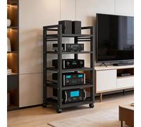 Mobile HiFi, mobile multimediale AV con rotelle, ripiani audio-video a 5 ripiani, mobiletto portaoggetti in legno, supporti stereo, mobiletto for stampante, for soggiorno, sala giochi, ufficio(Black1)