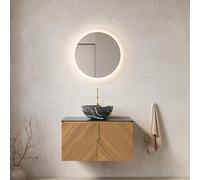 Mobile Lavabo Bagno Sospeso con Ceramica e Pietra Sinterizzata, Ante Doppie Soft Close con Ampio Spazio, Mobile Bagno Sospeso, Lavabo in Ceramica Nera, Nero ed Effetto Legno Espresso, 76x50x55 cm