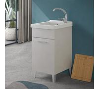 Mobile lavanderia 45x50 cm grigio calce con 1 anta, lavatoio in ceramica con piletta e sifone incluso, MOON