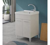 Inbagno Mobile lavanderia 60x50 cm grigio calce con 2 ante, lavatoio in ceramica con piletta e sifone incluso, MOON