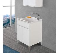 Mobile Lavanderia con lavatoio in Resina Linea Way, L.59,3xP.49,8xH.85,5 cm, 3 colorazioni Disponibili, Include ASSE lavapanni e Kit sifone+piletta (Bianco Lucido)