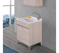 Inbagno Mobile Lavanderia con lavatoio in Resina Linea Way, L.59,3xP.49,8xH.85,5 cm, 3 colorazioni Disponibili, Include ASSE lavapanni e Kit sifone+piletta (Rovere Chiaro)