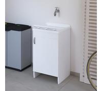 Mobile Lavatoio 45x50 Cm Con Vasca In Resina, Struttura In Legno Nobilitato Bianco Con 1 Anta Apribile Mediante Maniglia Cromata, In Kit Di Montaggio