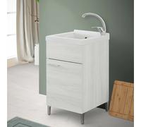 Mobile lavatoio Lavanderia 45x50 Rovere Bianco, in Legno con Vasca lavapanni in Ceramica, 1 Anta e Kit di Scarico Incluso