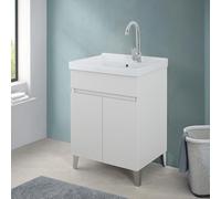 Mobile Lavatoio 60x46,8 Cm Bianco Frassinato Con Vasca In Ceramica Dotata Di Zona Strofinatoio, Struttura Già Montata In Legno Nobilitato Con 2 Ante Apribili A Gola