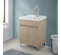 Mobile Lavatoio 60x46,8 Cm Rovere Dolomite Con Vasca In Ceramica Dotata Di Zona Strofinatoio, Struttura Già Montata In Legno Nobilitato Con 2 Ante Apribili A Gola