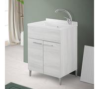 Inbagno Lavatoio con mobile e vasca in Resina resistente agli acidi, Completo di ASSE di Lavaggio e Kit sifone + piletta (60x50 cm 2 Ante, Bianco Venato)