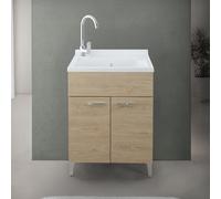 Mobile Lavatoio 60X50 Cm Con Vasca In Resina Bianca, Asse Lavapanni, Struttura In Legno Nobilitato Rovere Con Un’Anta Apribile Mediante Maniglia Cromata, Già Montato Con Kit Di Scarico Incluso