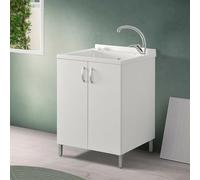 Mobile lavatoio 60x60 cm bianco con vasca asse lavapanni e kit di scarico