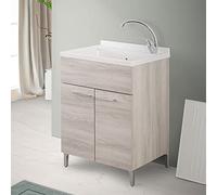 Mobile Lavatoio 60x60 Cm Con Vasca In Resina E 2 Ante Rovere Grigio - Completo Di Asse Lavapanni E Kit Di Scarico -Mobile Lavanderia Da Interno Già Assemblato