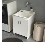 Mobile Lavatoio 60x60 Cm Con Vasca In Resina, Struttura In Legno Nobilitato Bianco Con 2 Ante Apribili Mediante Maniglia Cromata, In Kit Di Montaggio