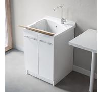 Mobile Lavatoio 61x50 Cm Con Vasca In Ceramica Linea Revine, Struttura Già Montata In Legno Nobilitato Bianco Con 2 Ante E Maniglie Cromo, Completo Di Asse Lavapanni