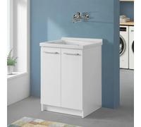 Mobile Lavatoio 61x61 Cm Con Vasca In Ceramica Linea Revine, Struttura Già Montata In Legno Nobilitato Bianco Con 2 Ante E Maniglie Cromo, Completo Di Asse Lavapanni