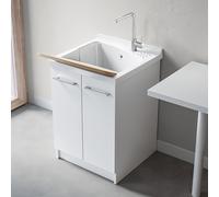 Mobile Lavatoio 61x61 Cm Con Vasca In Ceramica Linea Revine, Struttura Già Montata In Legno Nobilitato Bianco Con 2 Ante E Maniglie Cromo, Completo Di Asse Lavapanni