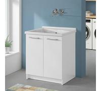 Mobile Lavatoio 75x61 Cm Con Vasca In Ceramica Linea Revine, Struttura Già Montata In Legno Nobilitato Bianco Con 2 Ante E Maniglie Cromo