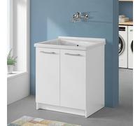 Mobile Lavatoio 75x61 Cm Con Vasca In Ceramica Linea Revine, Struttura Già Montata In Legno Nobilitato Bianco Con 2 Ante E Maniglie Cromo