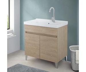 Mobile Lavatoio 79x46,8 Cm Rovere Dolomite Con Vasca In Ceramica Dotata Di Zona Strofinatoio, Struttura Già Montata In Legno Nobilitato Con 2 Ante Apribili A Gola