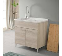Mobile lavatoio per interno 80x50 cm rovere grigio con 2 ante, vasca in termoformatura resistente con piletta e sifone INCLUSI