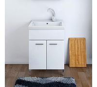 Inbagno Mobile Lavatoio, L.60xP.50xH.86.5, Bianco Lucido, Vasca in Ceramica con profondità 30 cm
