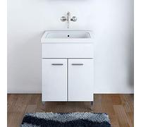 Inbagno Mobile Lavatoio, L.60xP.50xH.86.5, Bianco Lucido, Vasca in Ceramica, con Strofinatoio Integrato