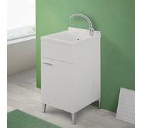 Mobile lavatoio Lavanderia 45x50 cm in Legno Montato con Vasca in Resina, Completo di ASSE di Lavaggio e Kit sifone + piletta (Bianco)