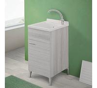 Mobile lavatoio Lavanderia 45x50 cm in Legno Montato con Vasca in Resina, Completo di ASSE di Lavaggio e Kit sifone + piletta (Grigio)