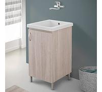 Mobile lavatoio Lavanderia in Legno con Vasca in Ceramica, con strofinatoio Integrato, Completo di Kit sifone + piletta (Olmo, 45x50 cm 1 Anta)