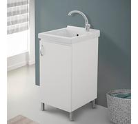 Mobile lavatoio Lavanderia in Legno con Vasca in Ceramica Resistente agli acidi, Completo di Kit sifone + piletta (Bianco, 45x50 cm 1 Anta)