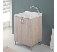 Mobile lavatoio Lavanderia in Legno con Vasca in Resina Resistente agli acidi, Completo di ASSE di Lavaggio e Kit sifone + piletta (Olmo, 60x50 cm 2 Ante)