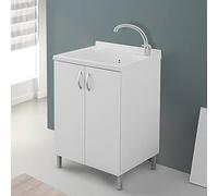 Mobile lavatoio lavanderia in legno con vasca in resina resistente agli acidi, completo di asse di lavaggio e kit sifone + piletta (Bianco, 60x50 cm 2 ante)