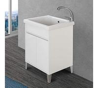 Mobile lavatoio per Lavanderia con Vasca in Ceramica, L.61xP.51xH.87,5 cm, Linea Way in Diverse colorazioni, Vasca con strofinatoio Integrato (Bianco Lucido)