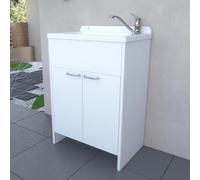Mobile Lavatoio Salvaspazio 58 Cm In PVC Bianco Con Vasca E Piletta In Acciaio Inox - Mobile Lavanderia Slim A Due Ante Con Piedini Regolabili E Maniglie Cromo - Kit Di Montaggio Incluso