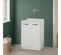 Mobile Lavatoio Salvaspazio 60x50 cm Linea Pilar Colonna in Legno Bianco con Vasca in Plastica e Strofinatoio Perfetto per Piccola Lavanderia