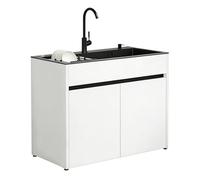 Mobile Lavello con Vasca in Acciaio Inox Nero per Lavanderia e Garage, armadietto in alluminio a nido d'ape con rubinetto, dispenser sapone e cestello estraibile, impermeabile e regolabile