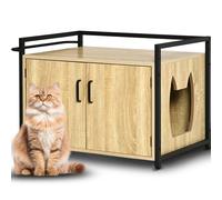 BAKAJI Mobile Lettiera per Gatti Rialzato con Ingresso Laterale a Forma di Gatto, Armadietto Multiuso Animali Domestici, 2 Ante Chiusura Magnetica Cuccia Struttura in Ferro 75x55x51cm (Legno Naturale)