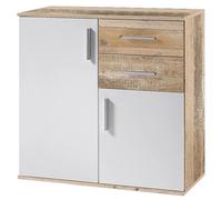 BAKAJI Mobile Madia con 2 Cassetti Doppia Anta e 2 Ripiani Interni Mobiletto Credenza Armadio Multiuso Cucina Bagno Ufficio Design Moderno Dimensioni 82x35x80cm (Bianco e quercia effetto legno)