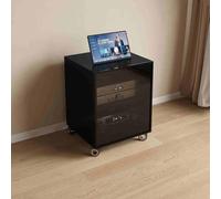 Mobile multimediale nero con ripiani regolabili, porte in vetro temperato e centro di intrattenimento ad angolo per la gestione dei cavi, per casa, ufficio e teatro, 60 cm