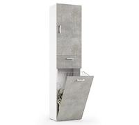 Terraneo mobile multiuso con cestello portabiancheria estraibile, finitura bianco con anta effetto cemento - Arredo salvaspazio bagno/lavanderia 45x32x195 cm