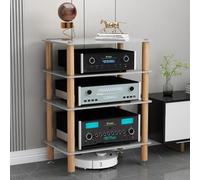 Mobile per apparecchiature audio/video, rack audio resistente con ripiani in vetro temperato e gambe in legno massello, torre per componenti audio/video ideale per casa, ufficio, DJ e home theater.