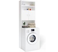 BAKAJI Mobile per Lavatrice da Bagno Lavanderia Salvaspazio, Mobiletto Armadio a Colonna, 3 Mensole e 2 Ante, Armadietto Legno Bianco per Corridoio, Design Minimal, Ripiano Capiente, 63 x 20 x 185 cm