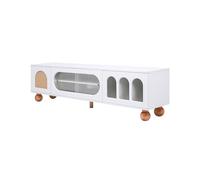 Mobile per TV con porta in rattan, in vetro, maniglie dorate, ripiani aperti, piedini in legno, sistema soft close, credenza retrò, credenza multimediale per il soggiorno, moderno, semplice ed