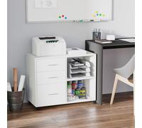 Mobile Porta Stampante con 3 Cassetti in Legno, Mobile Ufficio Multiuso con 4 Ruote e Ripiani Aperti, 80x40x65cm, Bianco