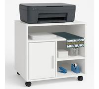 BAKAJI Mobile Ufficio Porta Stampante con Ruote, Mobiletto Salvaspazio Multiuso con 3 Scomparti, 4 Ripiani e 1 Anta, Armadietto Archivio in Legno Bianco per Casa, Studio, Bagno, 60 x 50 x 65 cm