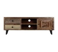 Mobile Porta TV 118x30x40 cm in Legno Massello di Mango con 2 Cassetti e Armadietto, Mobile Rack Rustico per Soggiorno, Tavolo Basso per TV con Ampio Scomparto, Finitura Lucidata e Verniciata