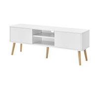 Mobile Porta TV con 2 Armadietti e 2 Scomparti Aperti 120 x 29,5 x 46,5 cm Supporto TV con Passaggio Cavi Tavolino Consolle con 2 Ante e Ripiani - Piedi in Legno Massiccio - Bianco