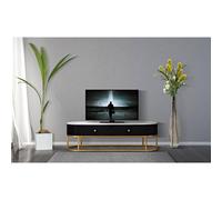 Mobile porta tv con i lati smussati con cassetto, MONTPELLIER, Dimensioni 150x42xh 45 cm La struttura in metallo dorato e tessuto imbottito nero
