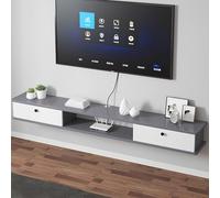 Mobile porta TV galleggiante da parete con cassetti, unità di intrattenimento in legno grigio da 140 cm, fori di alimentazione, soluzione moderna per riporre oggetti per la casa per il soggiorno