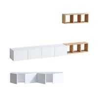 Mobile Porta TV Sospeso 215 Cm Bianco Con Mensole A Cubo Effetto Legno Pia