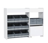 Mobile Portagiochi per Bambini 105x30x80 cm con 11 Cestini in Tessuto Armadietto e Ripiani in MDF Bianco